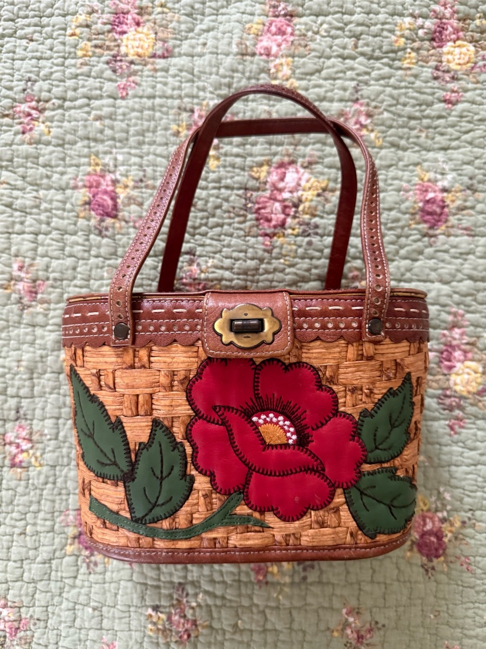 Woven Straw Mini Picnic Basket Purse with Red Leather Rose Embroidery